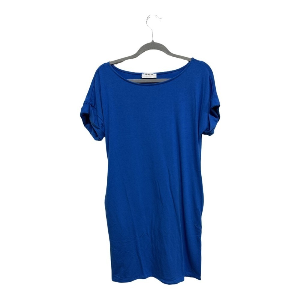 Zenana Premium Dress Solid Blue Pullover V-Neck Short Sleeve- Small Rolled Sleve